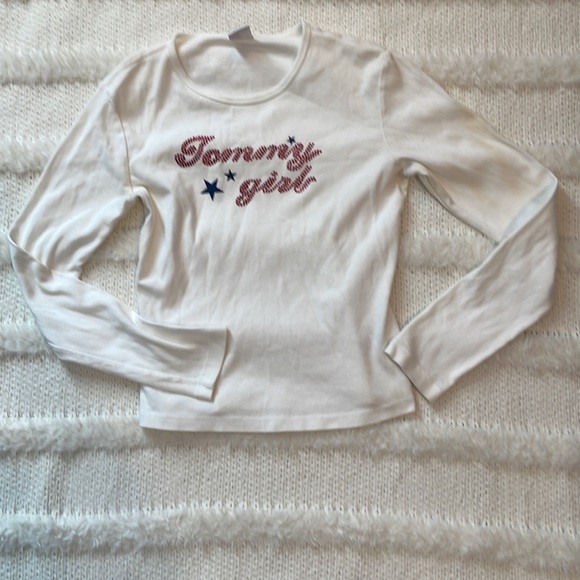 Vtg Tommy jeans Girl top Hilfiger White long sleeve shirt embellished jersey L - Picture 7 of 8